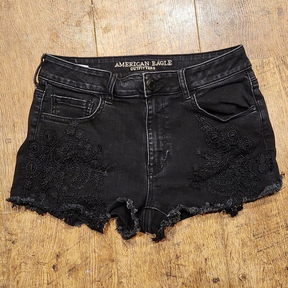 AMERICAN EAGLE Super Super Stretch X Hi-Rise Shortie Black Lace - Sz 10 - Picture 1 of 7